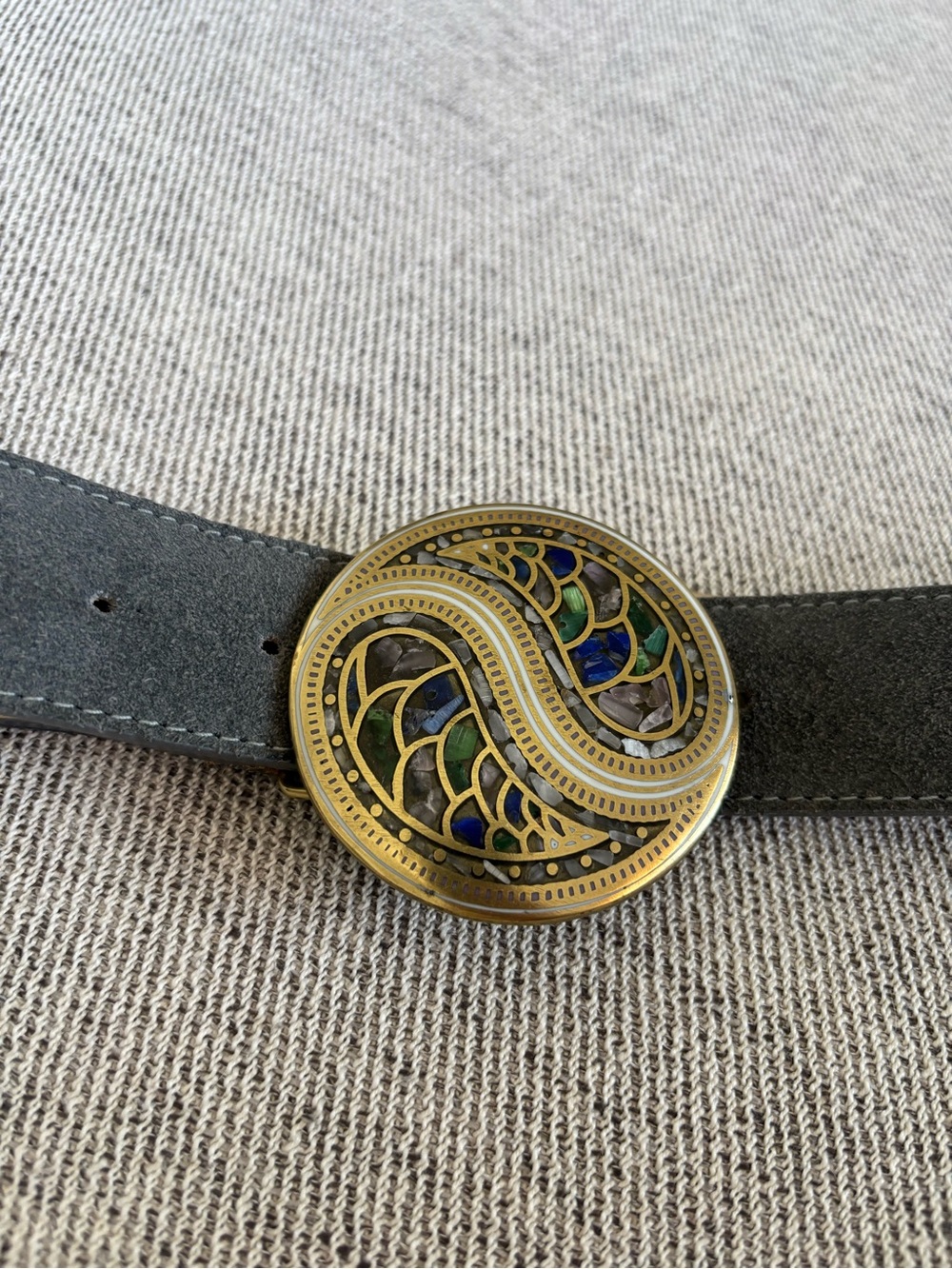 Vintage gray genuine leather belt. With ornate mosaic buckle. Made in Canada.